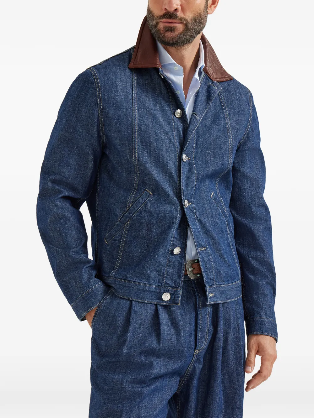 Brunello Cucinelli Leather Collar Denim Jacket - Blue 