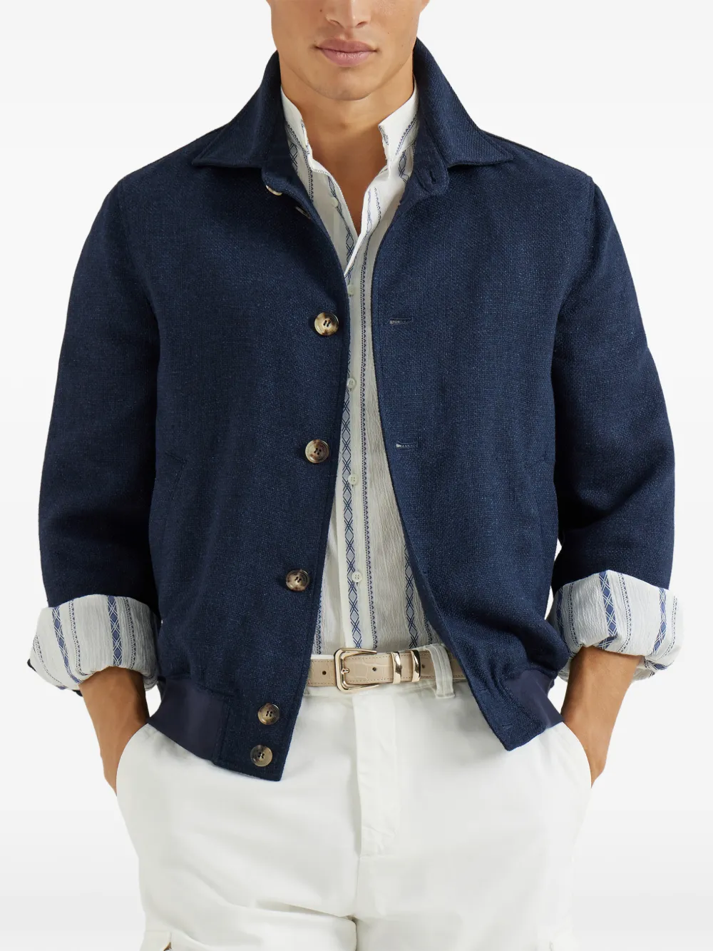  Brunello Cucinelli Button Hopsack Shirt Jacket - Blue 