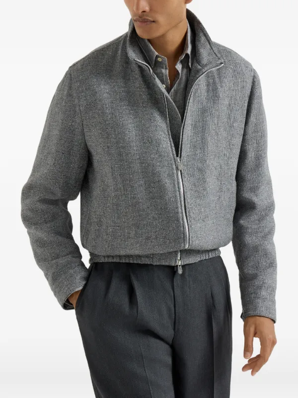 Brunello Cucinelli Stand Collar Hopsack Outerwear Jacket | Grey