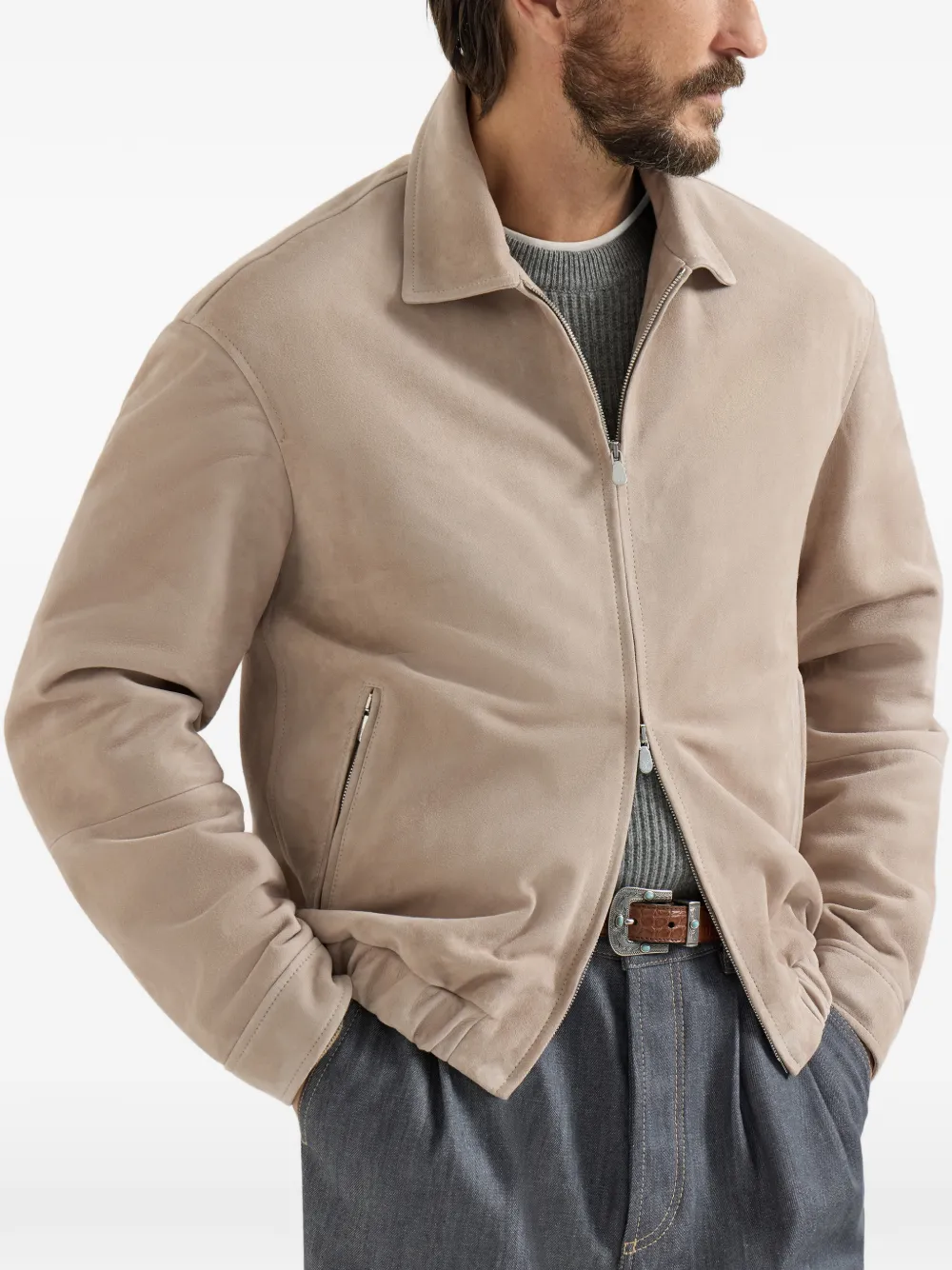  Brunello Cucinelli Zip-fastening Suede Jacket - Neutrals 
