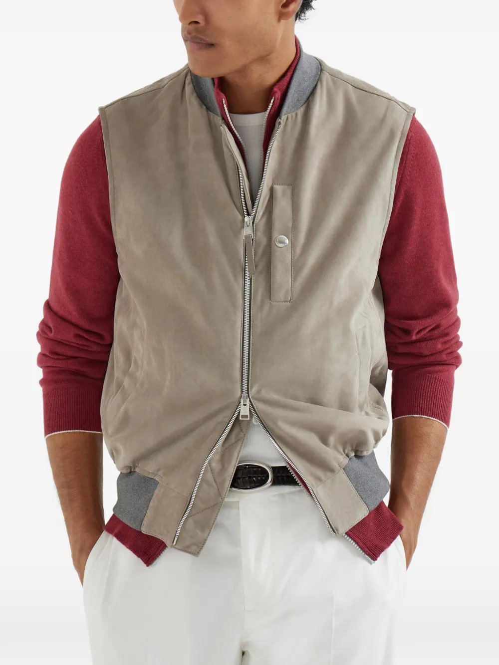 Brunello Cucinelli Suède gilet met borstzak Beige