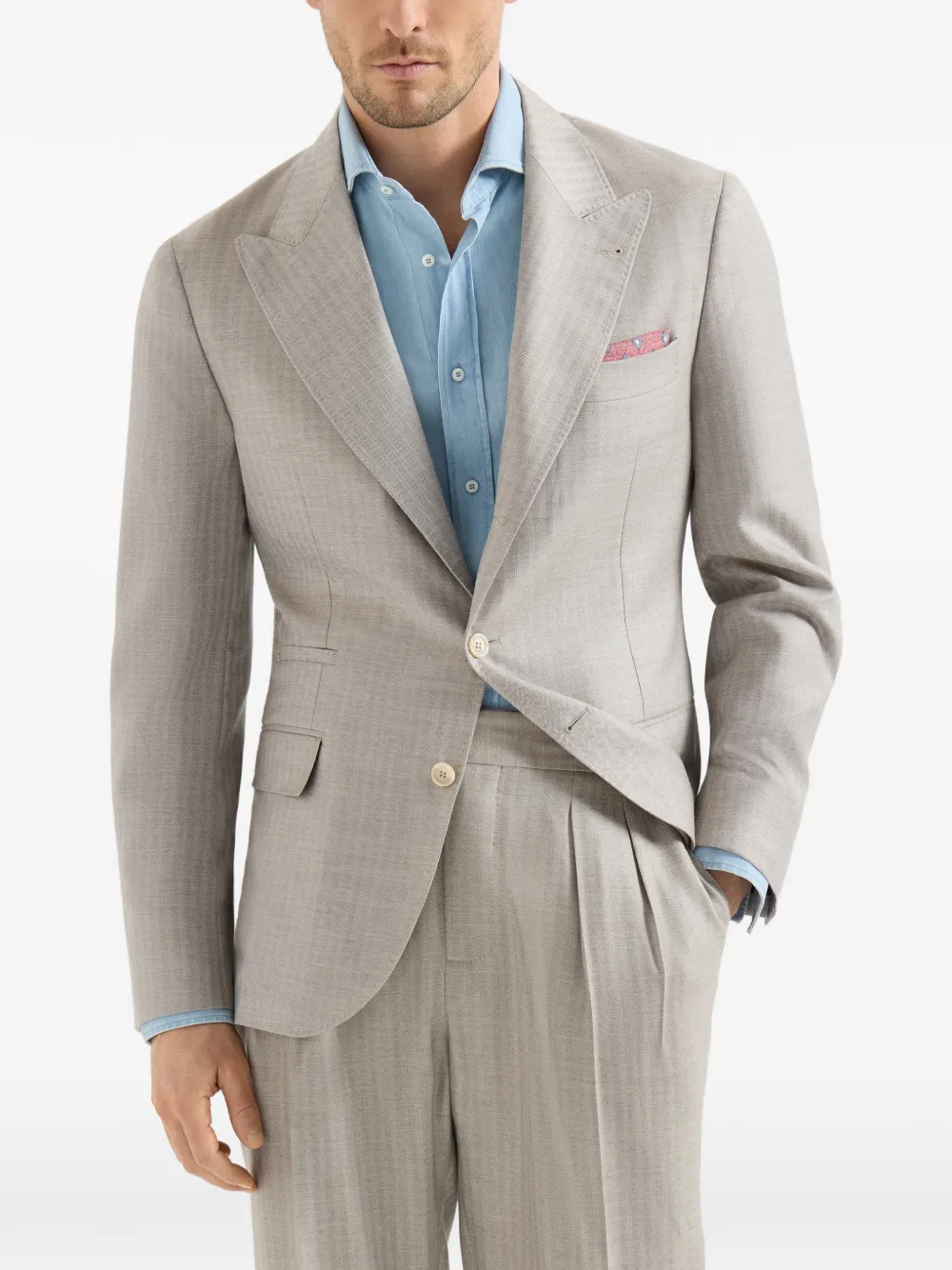 Brunello Cucinelli Gedeconstrueerde blazer van kasjmier en zijde met chevron-streep en puntige revers Grijs
