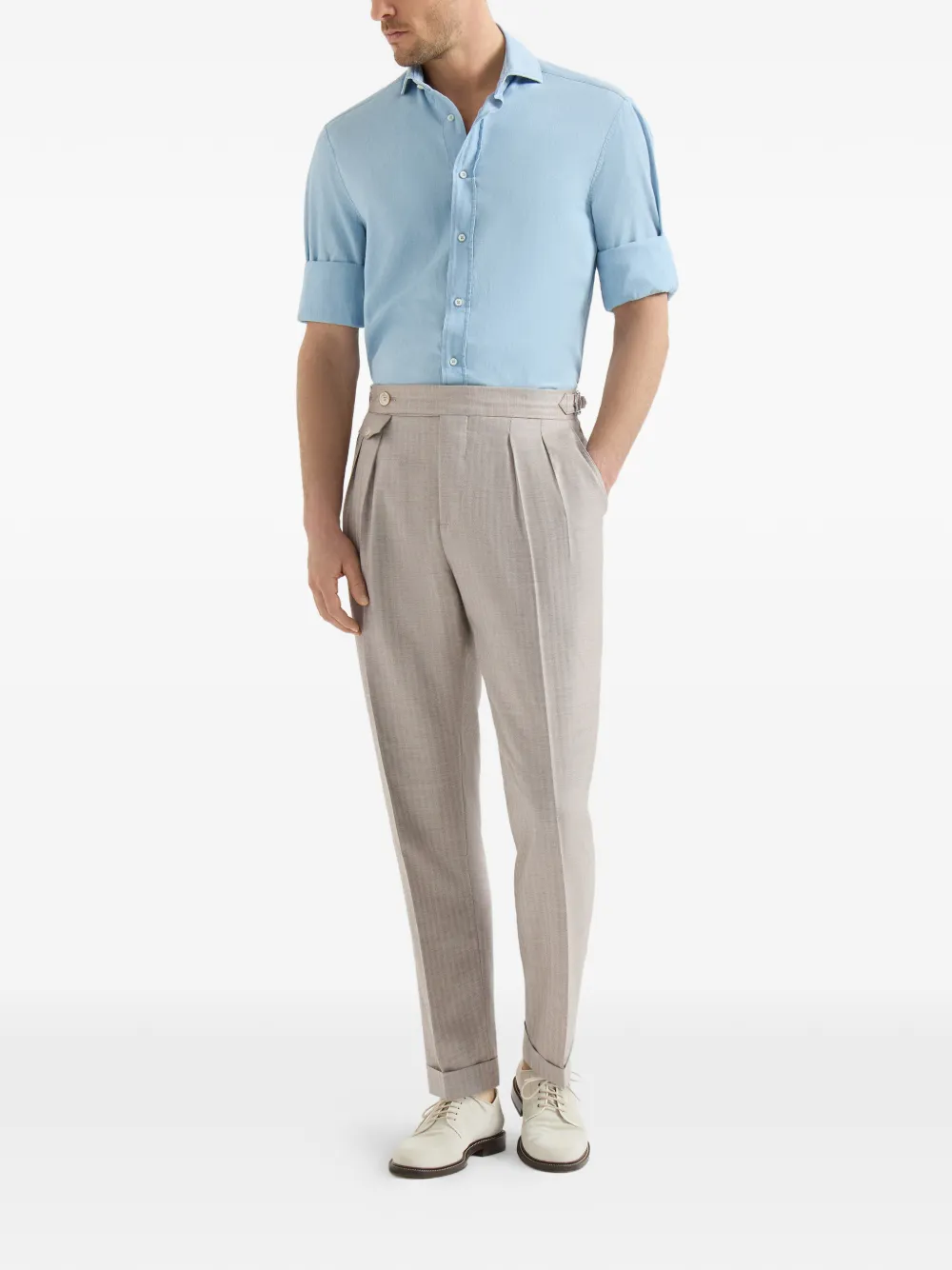 Brunello Cucinelli Kasjmier en zijde chevron broek met dubbele plooien en taillebanden Beige