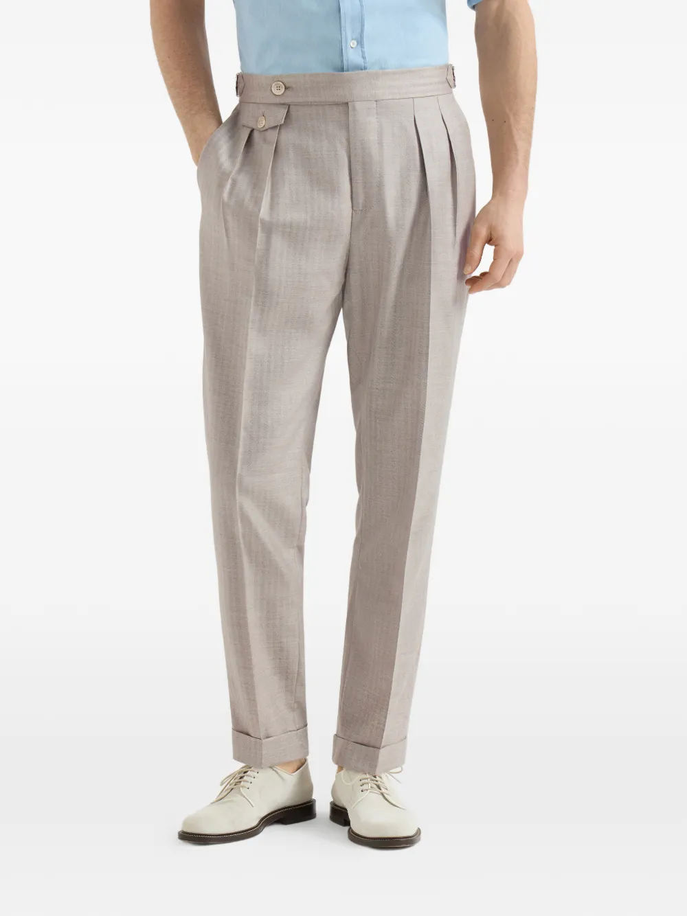 Brunello Cucinelli Kasjmier en zijde chevron broek met dubbele plooien en taillebanden Beige