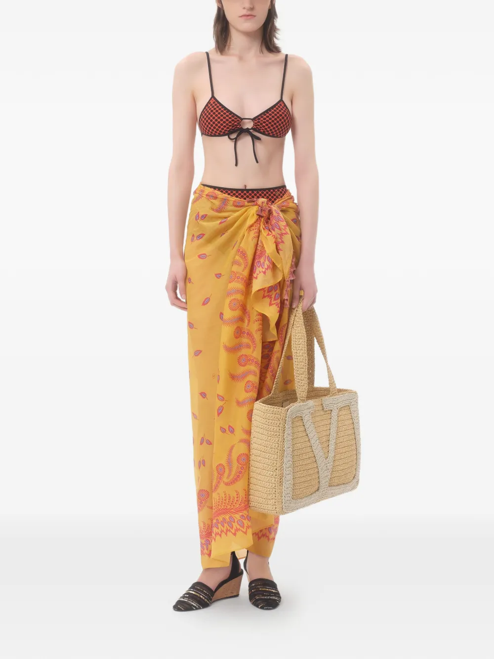 Valentino Garavani Escape Pareo In Cotton And Silk With Degradé Feather Print Woman Multicolour Uni In Yellow