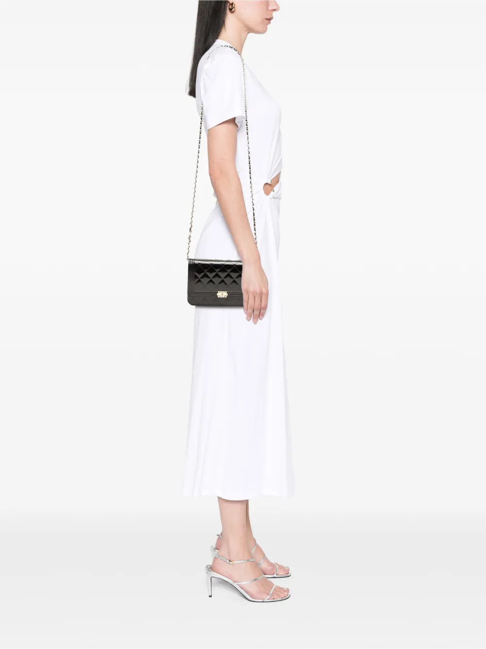 Pre-owned Chanel 2016-2017 Quilted Patent Boy Wallet On Chain Crossbody Bag In Black