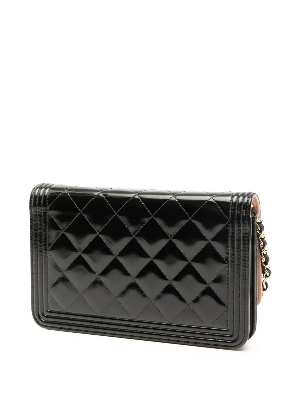 Pre-owned Chanel 2016-2017 Quilted Patent Boy Wallet On Chain Crossbody Bag In Black