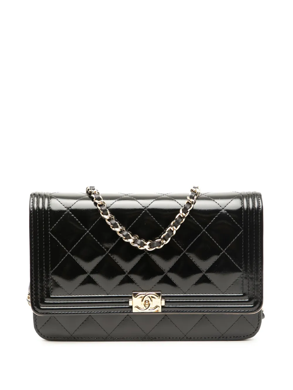 Pre-owned Chanel 2016-2017 Quilted Patent Boy Wallet On Chain Crossbody Bag In Black