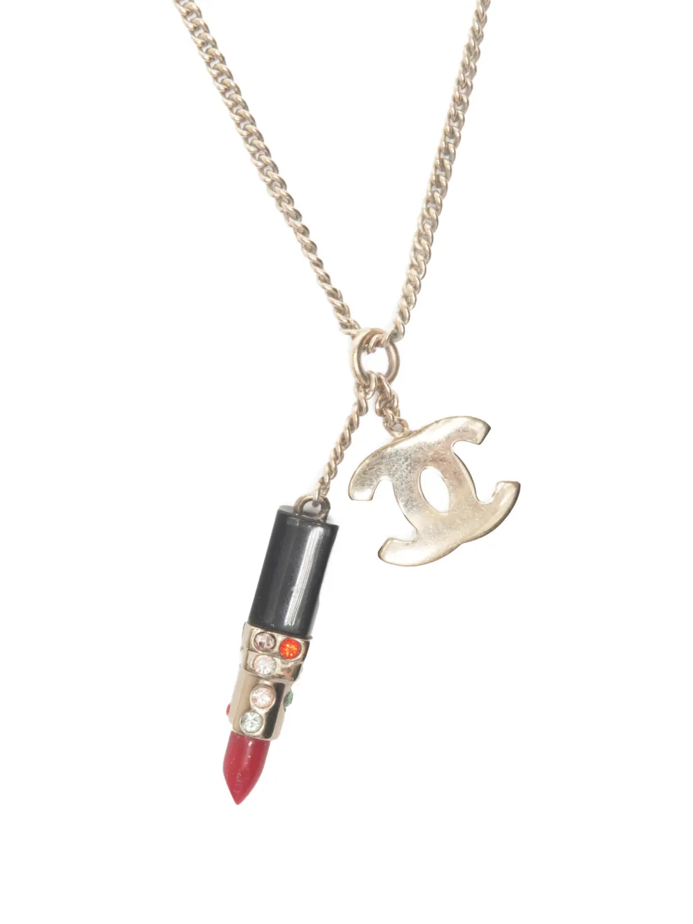 Pre-owned Chanel 2004  Cc Mark Lipstick Motif Necklace In Gold
