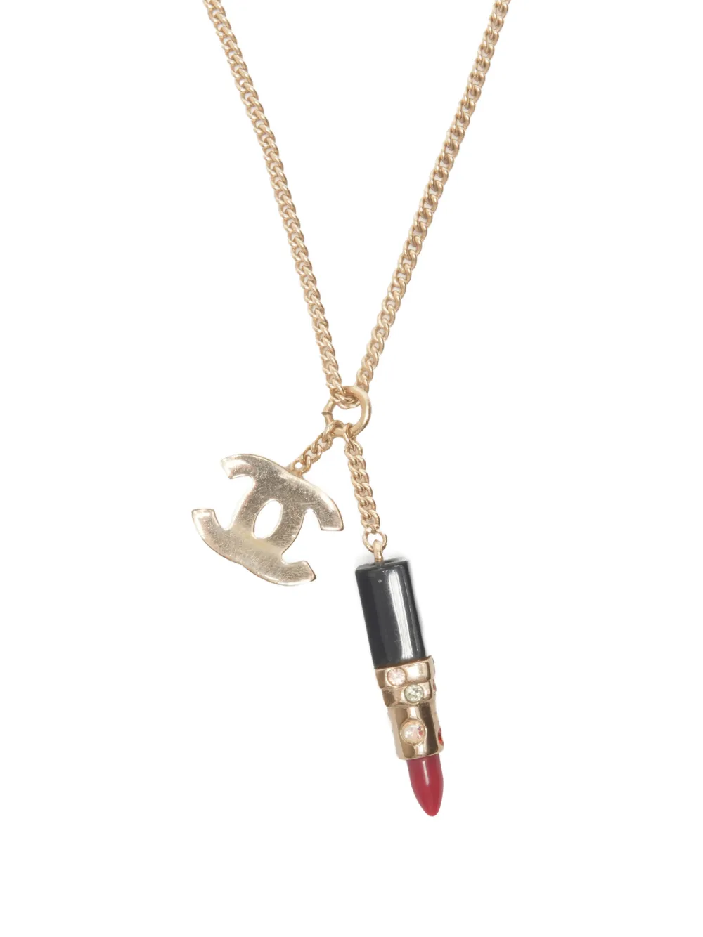 Pre-owned Chanel 2004  Cc Mark Lipstick Motif Necklace In Gold