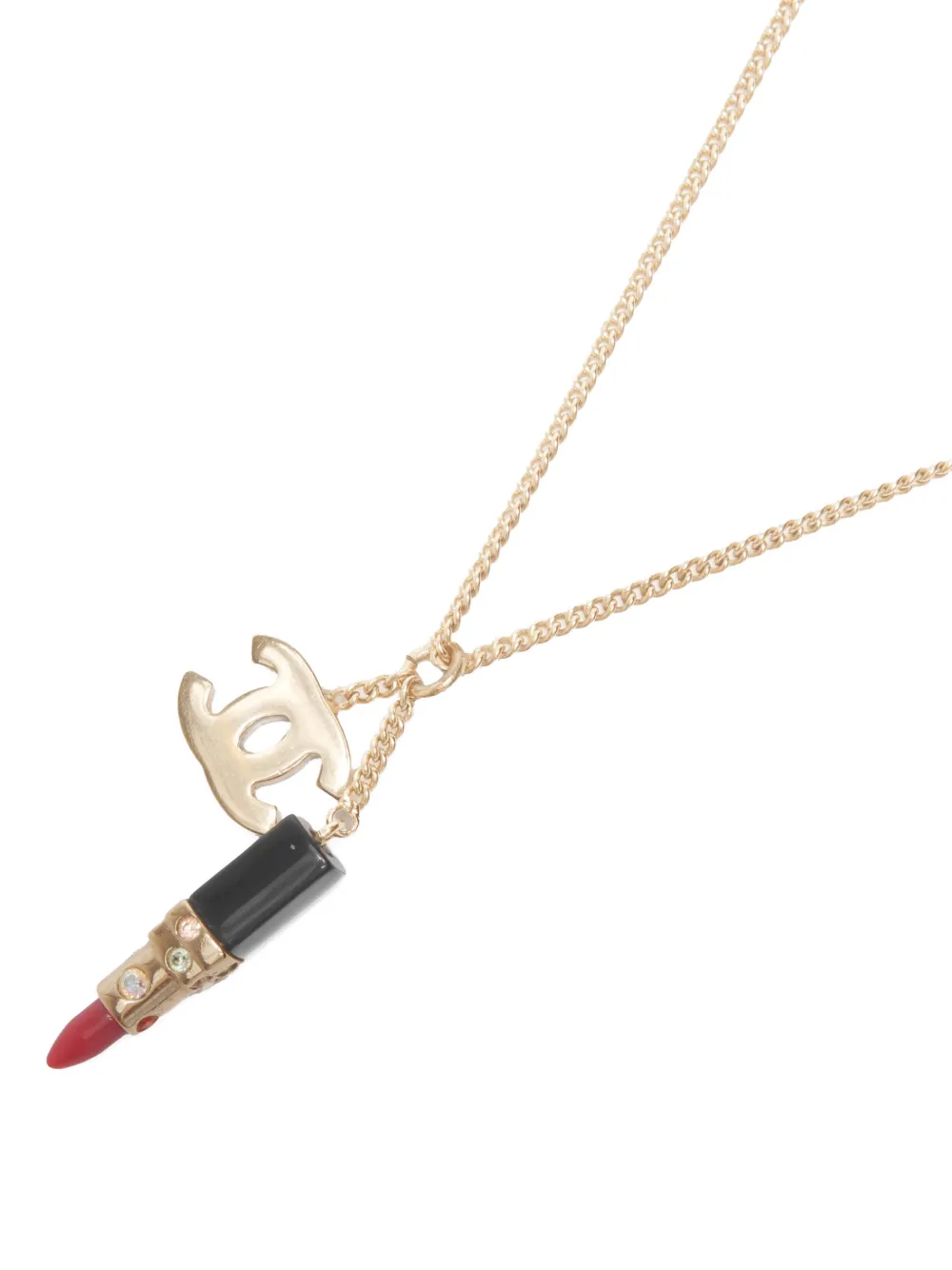 Pre-owned Chanel 2004  Cc Mark Lipstick Motif Necklace In Gold