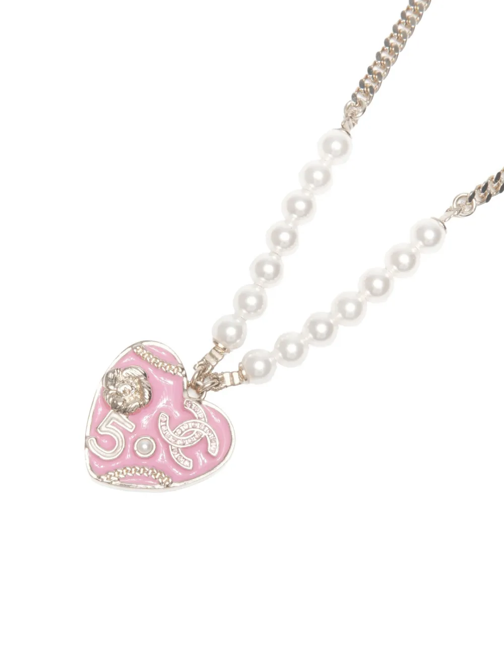 Pre-owned Chanel 2024  Cc Mark Heart Pearls Necklace In Pink
