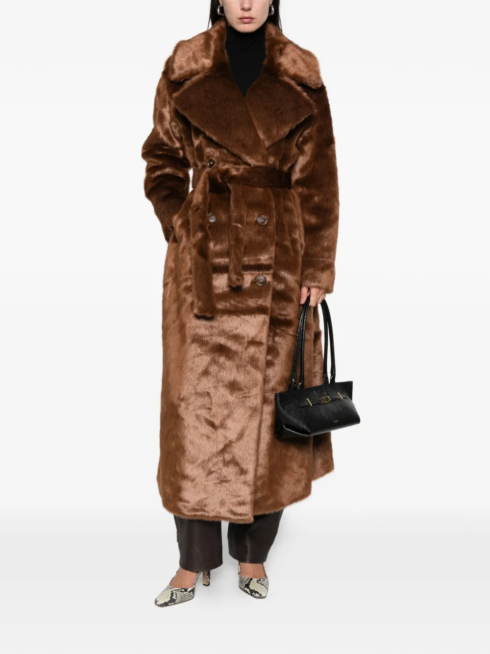 The Frankie Shop Joni Belted Faux Fur Maxi Coat In Brown