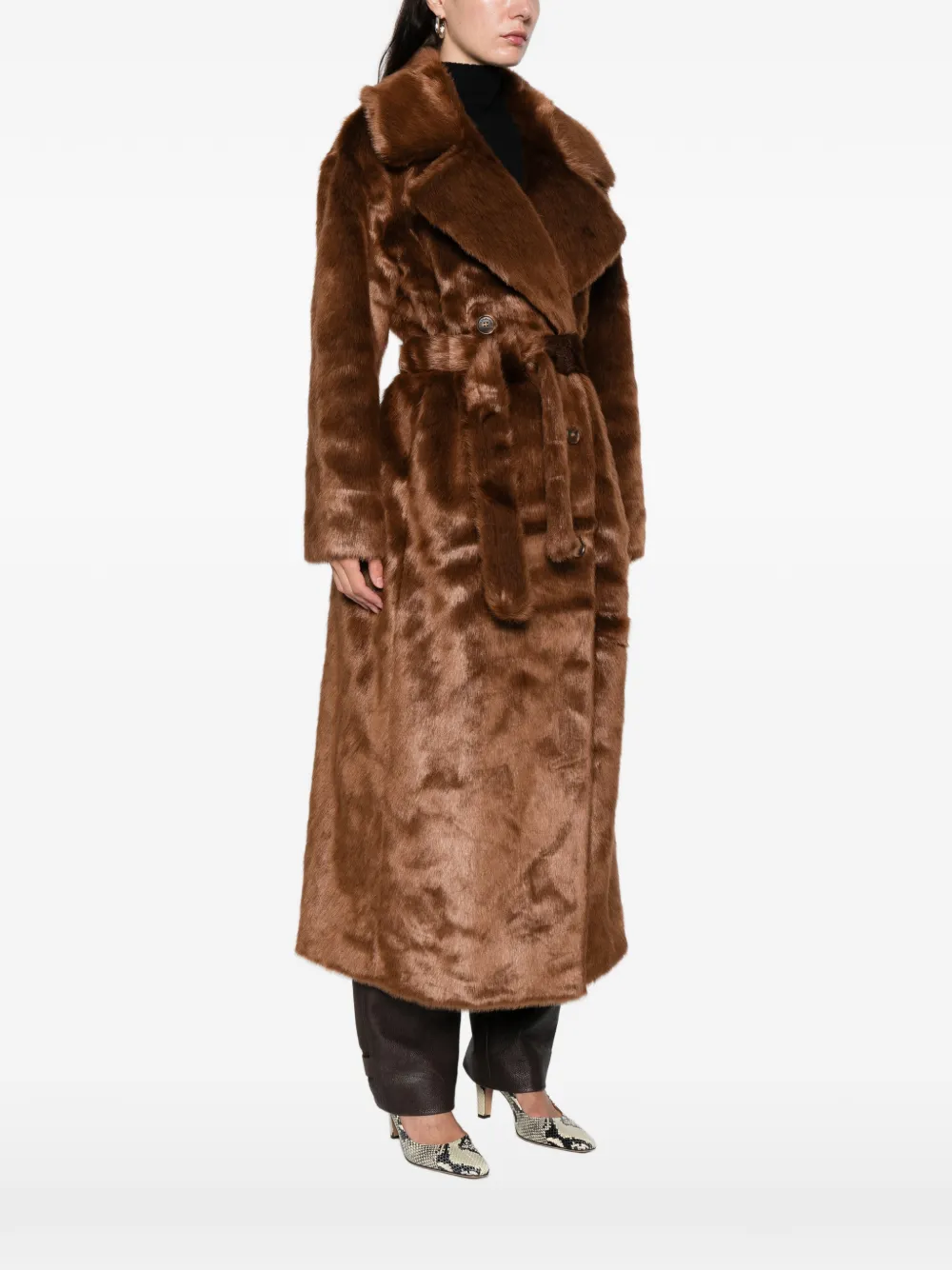 The Frankie Shop Joni Belted Faux Fur Maxi Coat In Brown