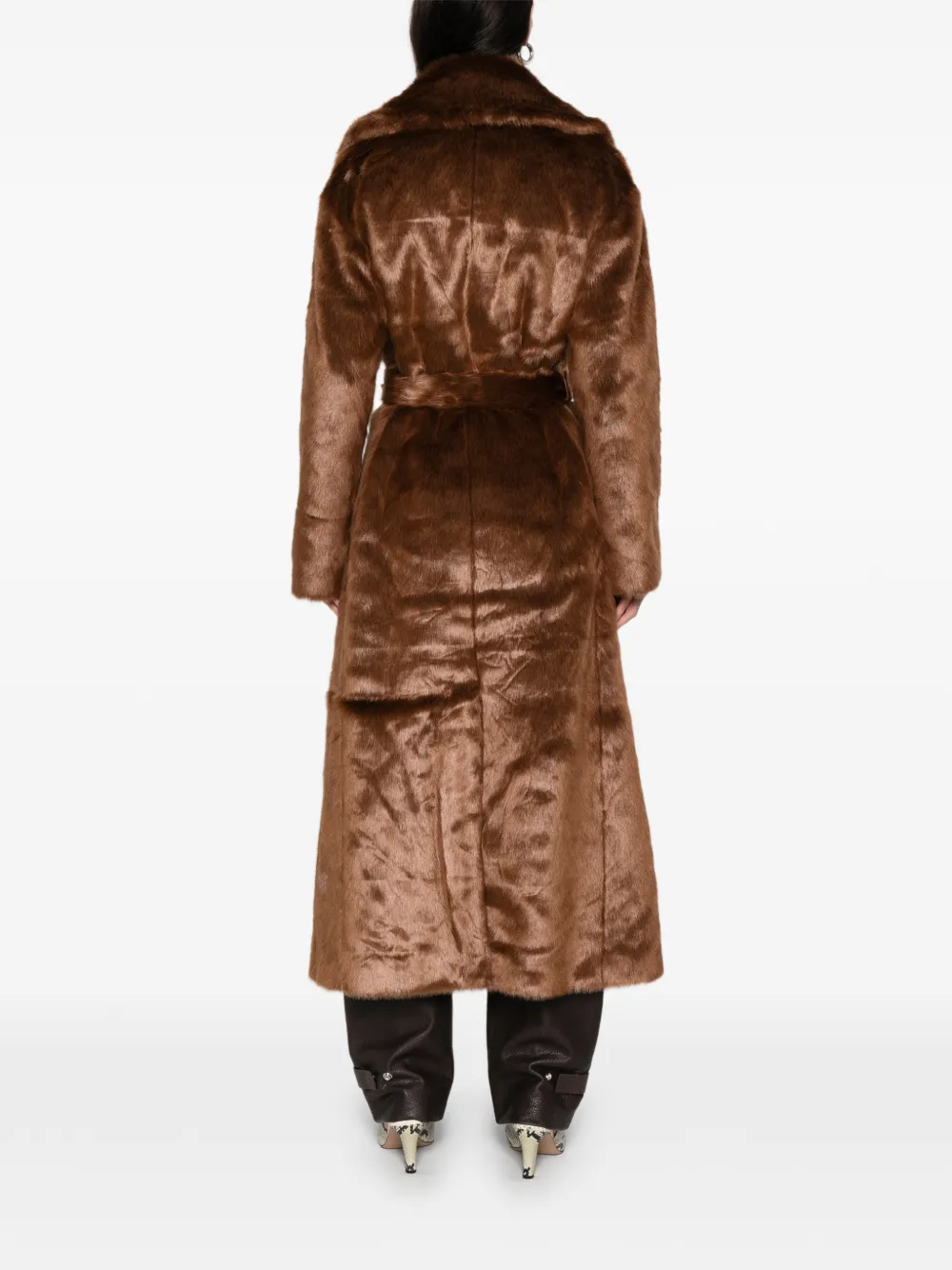 The Frankie Shop Joni Belted Faux Fur Maxi Coat In Brown