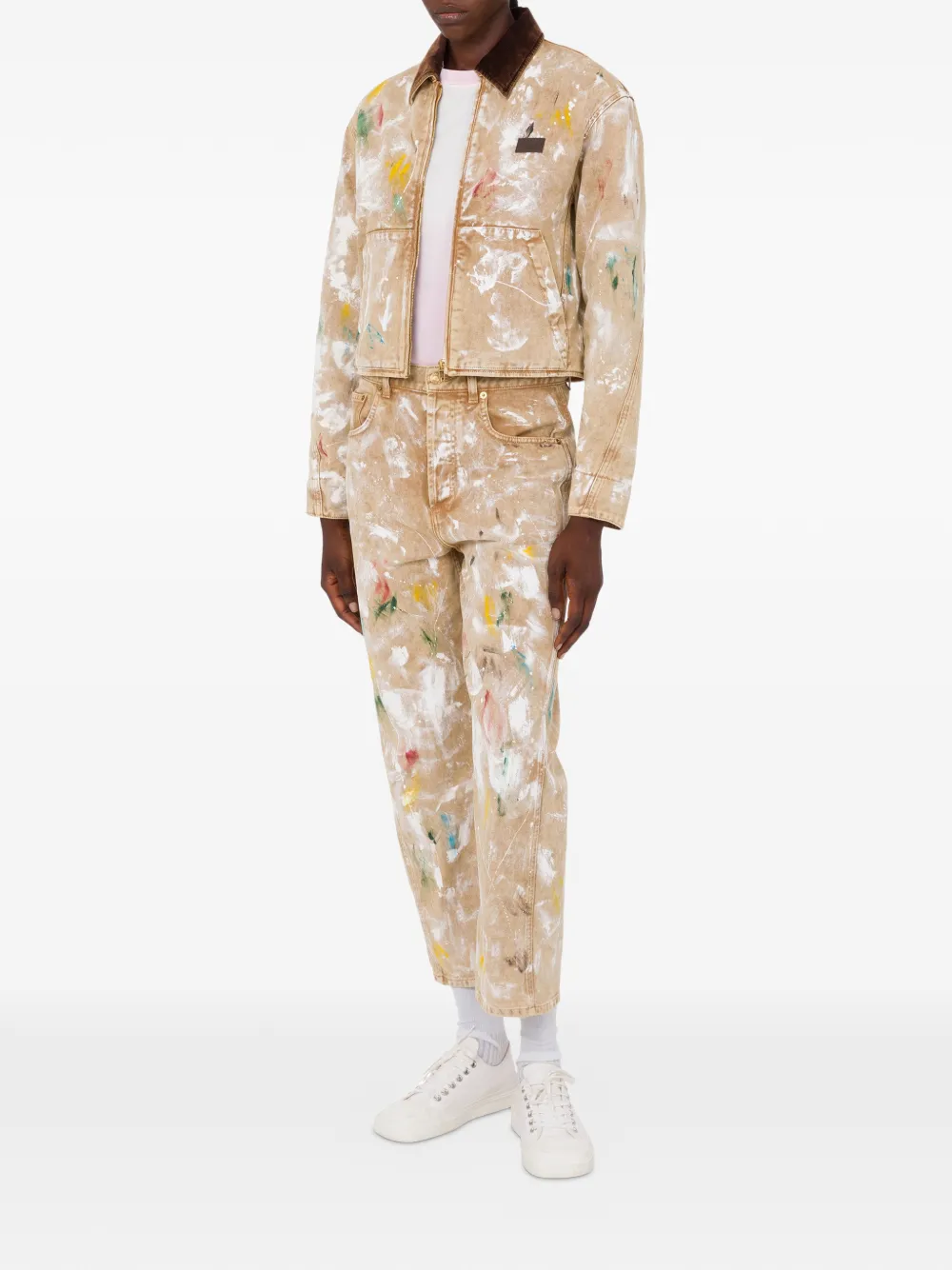 Moschino Jack met ribfluwelen kraag en verfspatten Beige