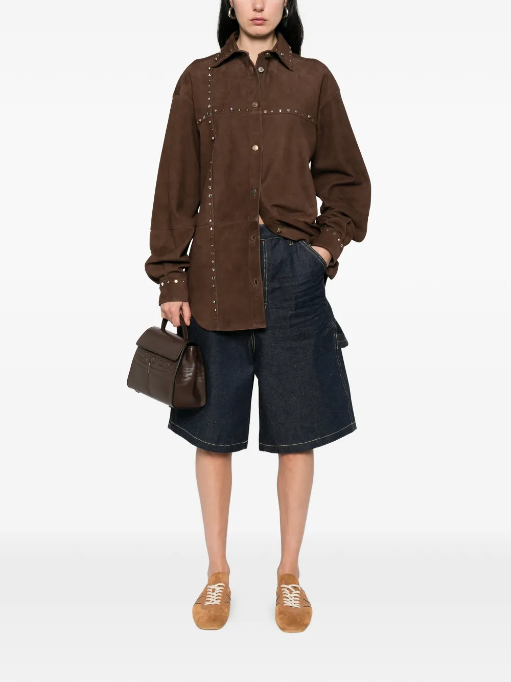  Moschino Camicia In Pelle Scamosciata Con Borchie - Marrone 