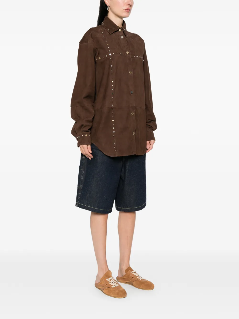  Moschino Camicia In Pelle Scamosciata Con Borchie - Marrone 