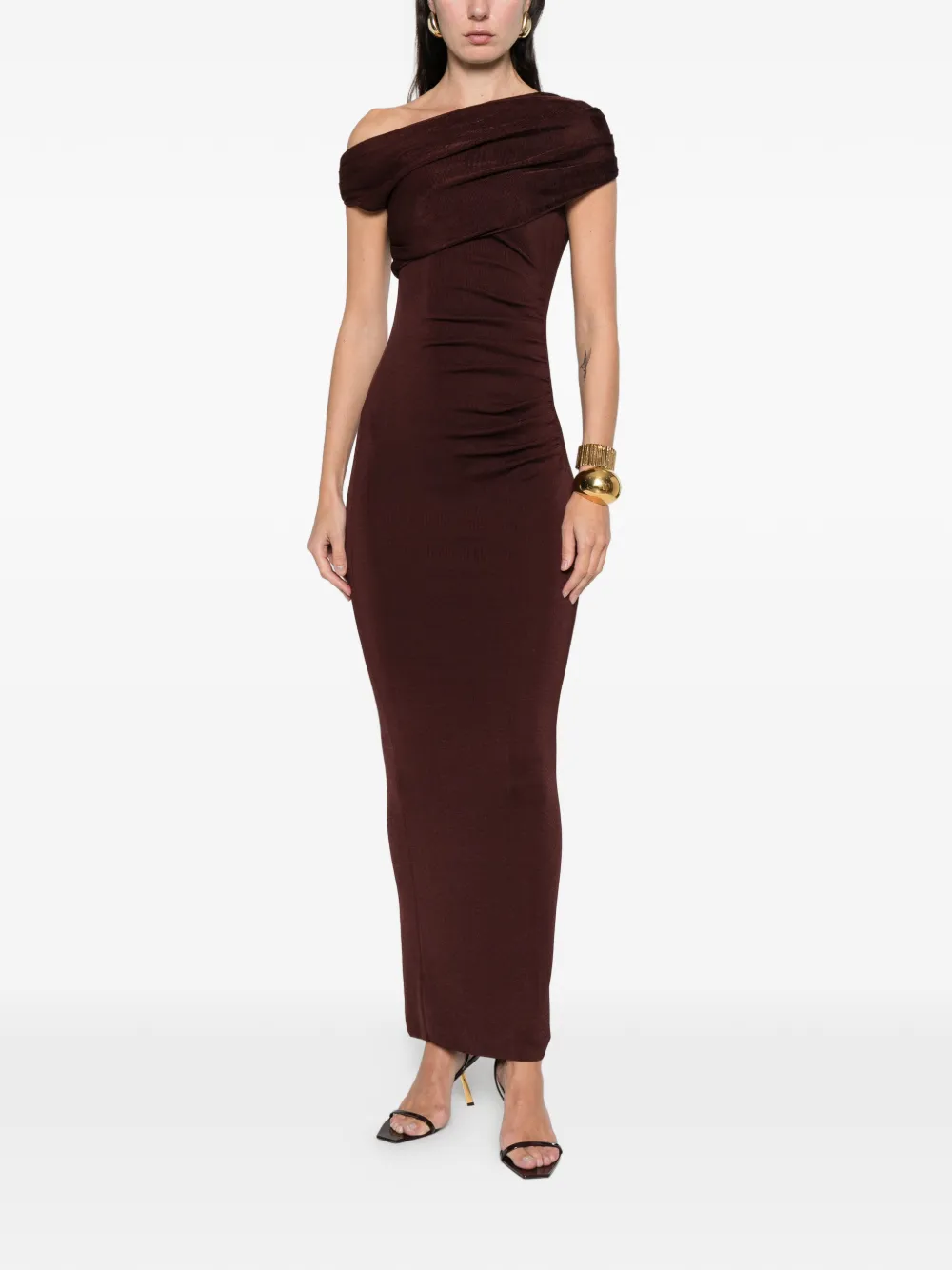 Self-Portrait off-shoulder ruched midi dress - Bruin