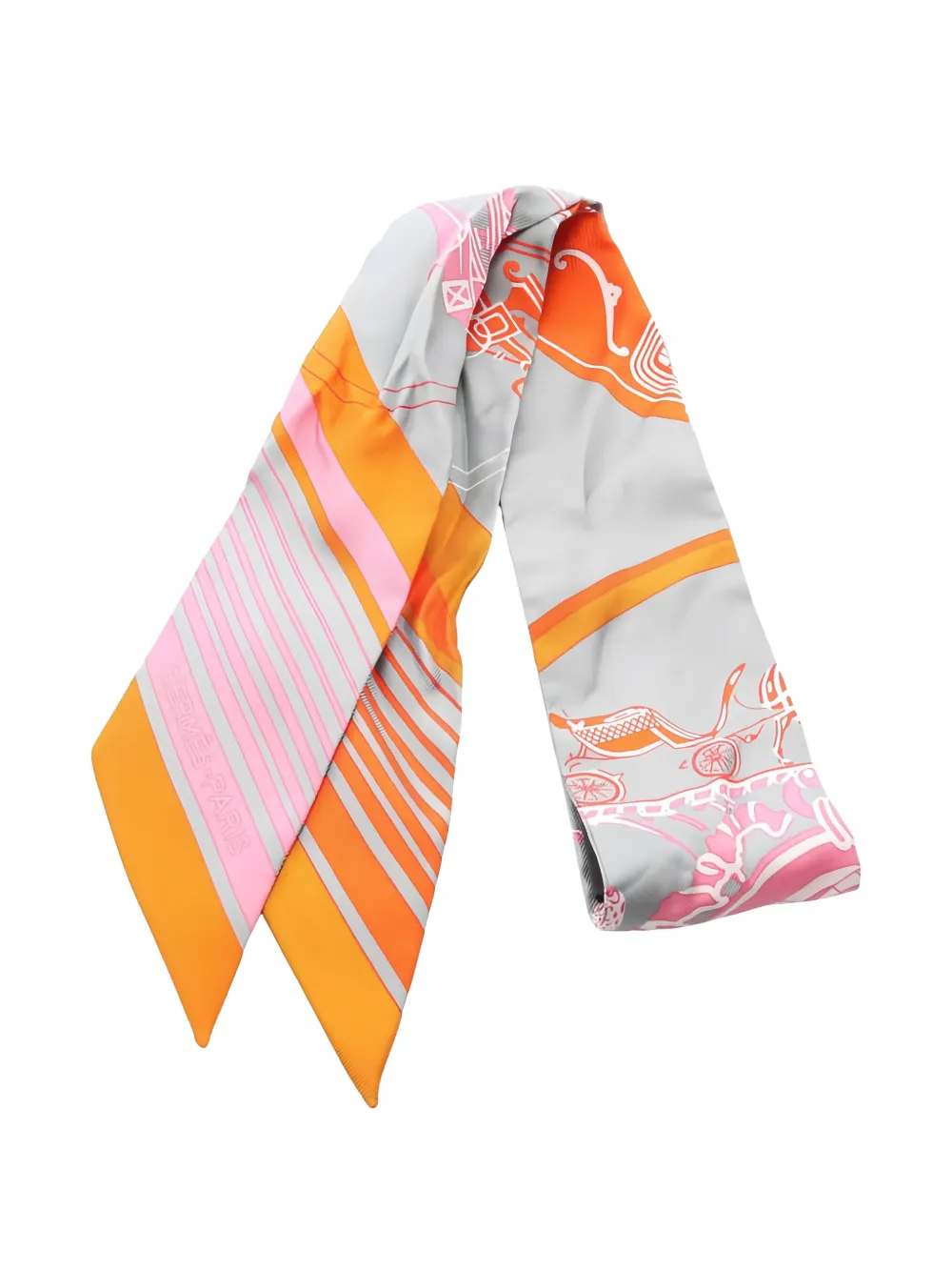 Pre-owned Hermes Ex-libris Ribbon Silk Scarf In Gray