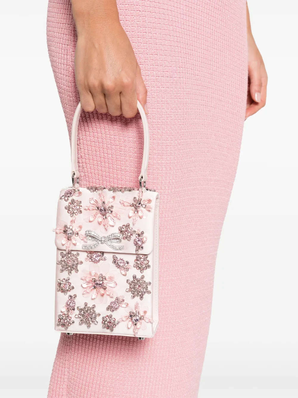 Self-Portrait floral-crystal satin mini tote bag - Roze