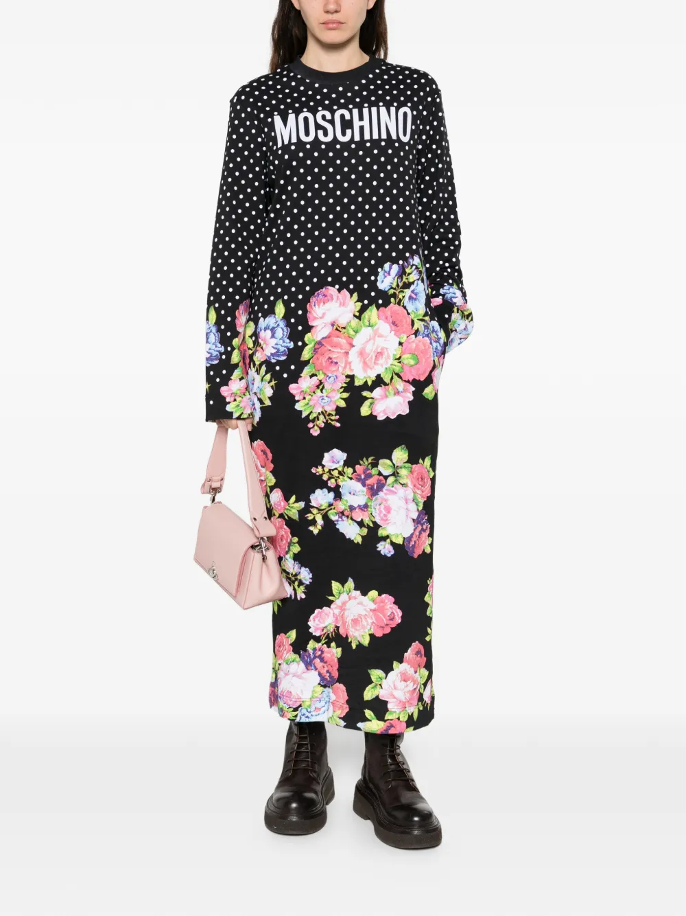 Moschino polka-dot floral-print midi dress - Zwart