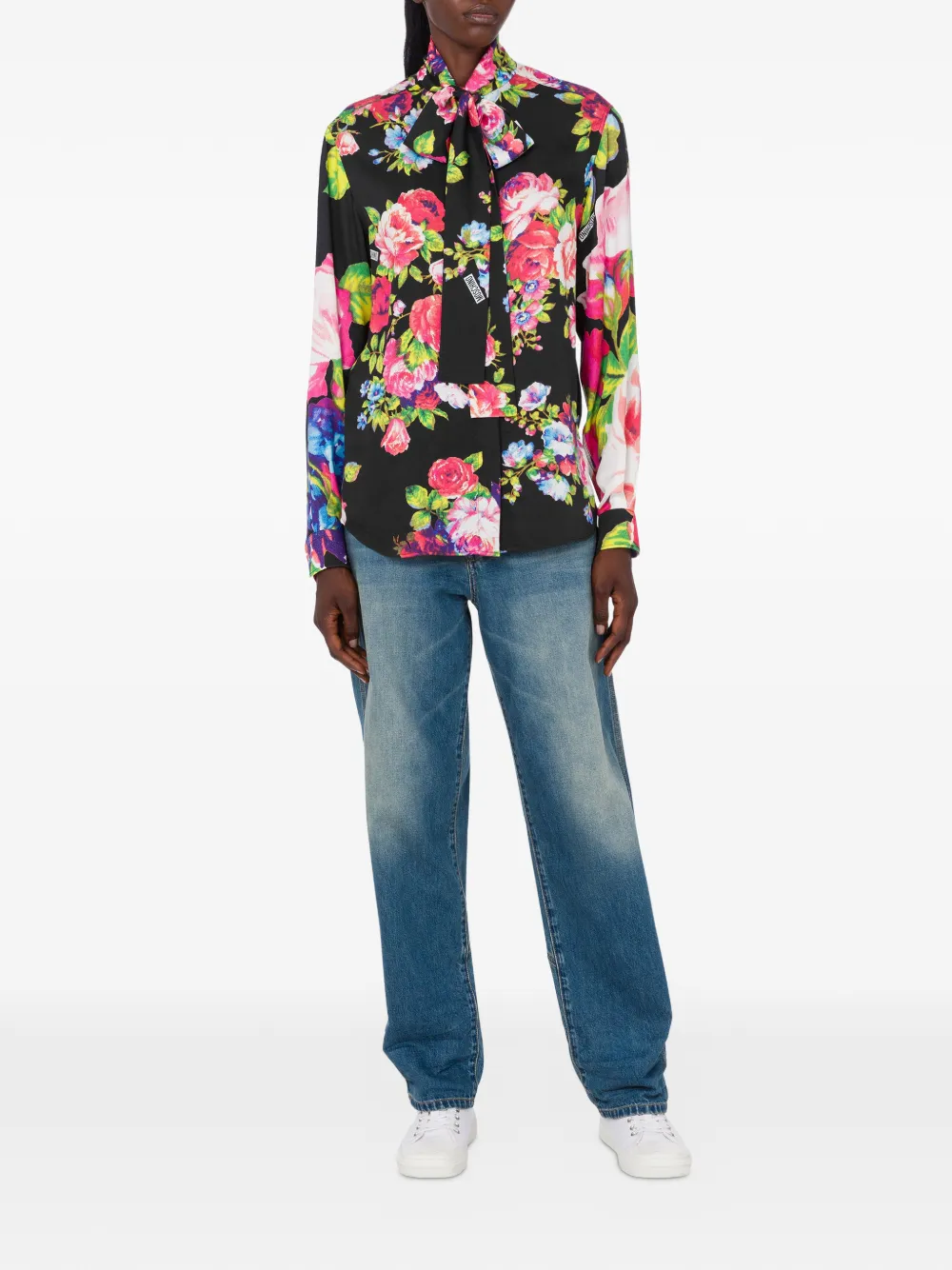  Moschino Floral-pattern Tie-neck Blouse - Black 