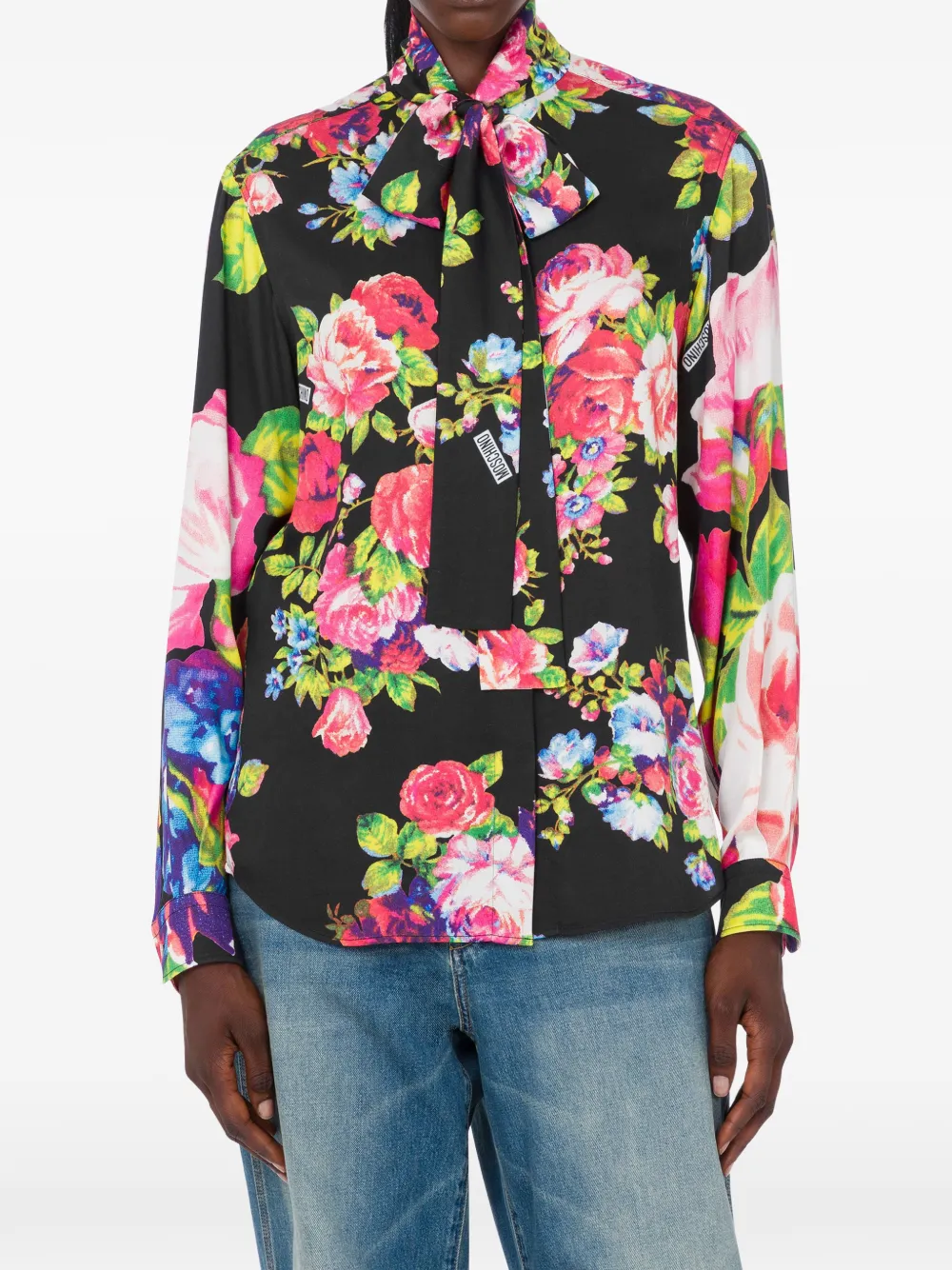  Moschino Floral-pattern Tie-neck Blouse - Black 