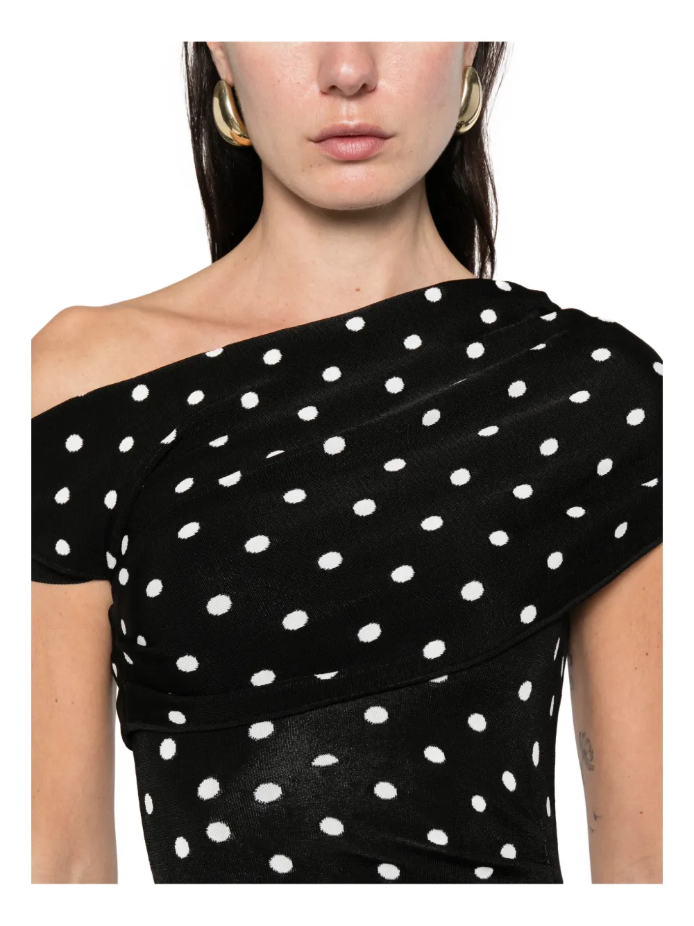 Self-portrait Polka Dot Draped Knit Midi Dress In Black