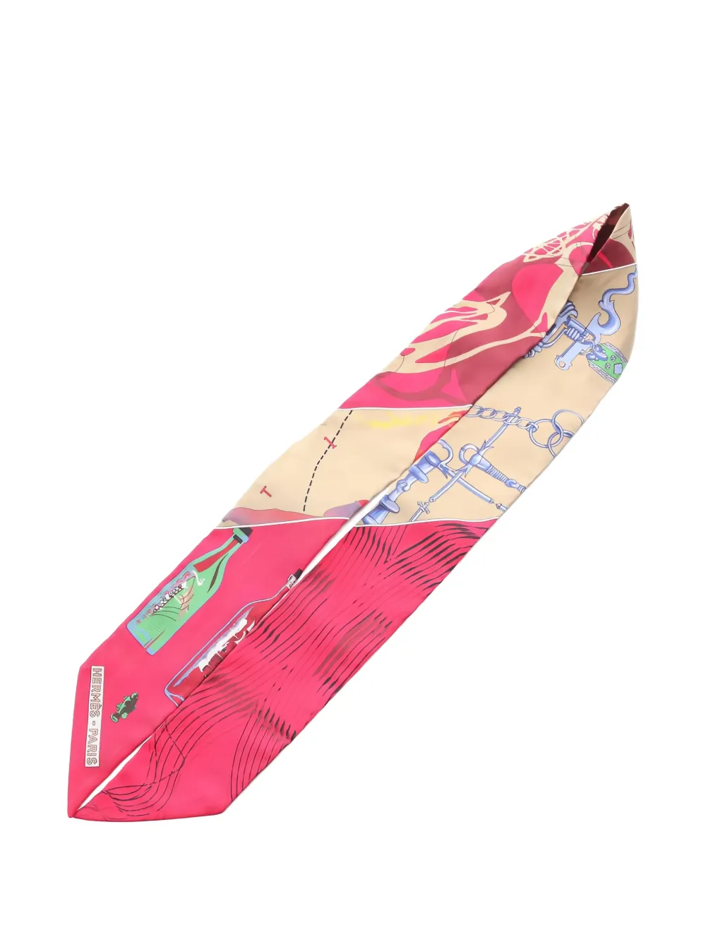 HERMES Pre-owned Caleche Mors Et Bouteilles Printed Ribbon Scarf In Red