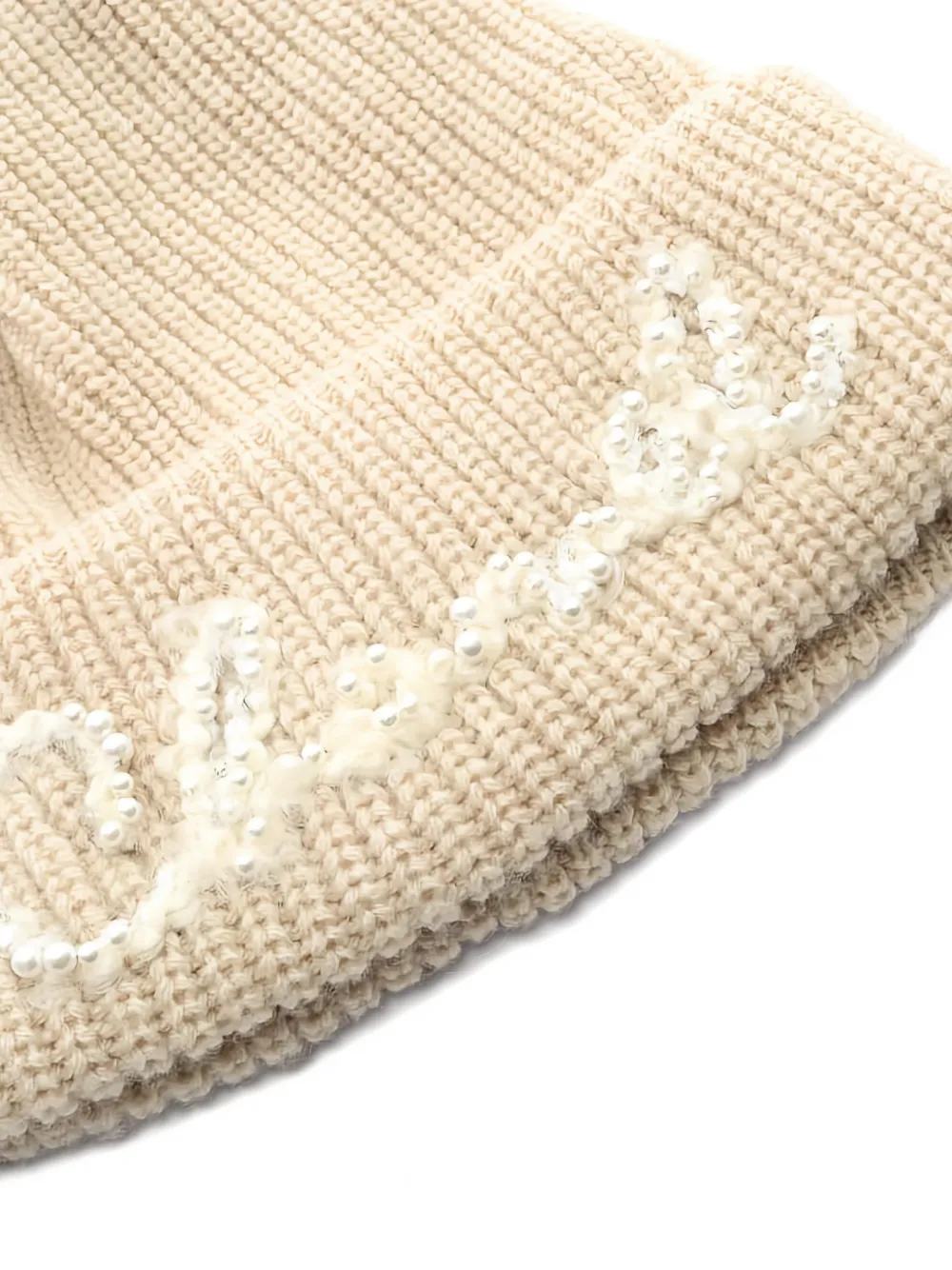 CHANEL Pre-owned 1986-1988 Beaded-logo Ribbed-knit Beanie Hat In Neutral