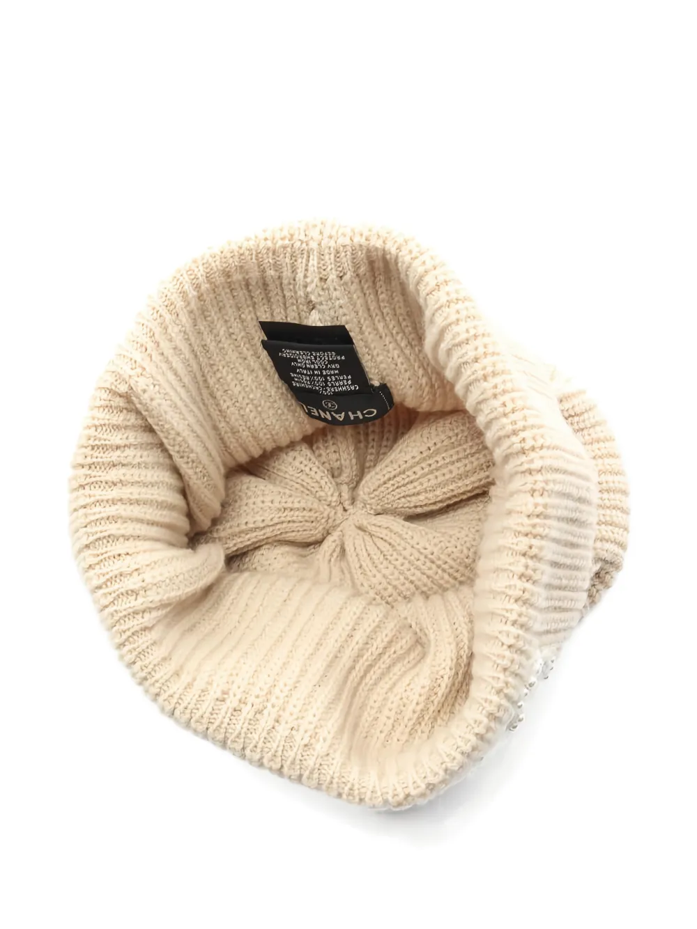 CHANEL Pre-owned 1986-1988 Beaded-logo Ribbed-knit Beanie Hat In Neutral