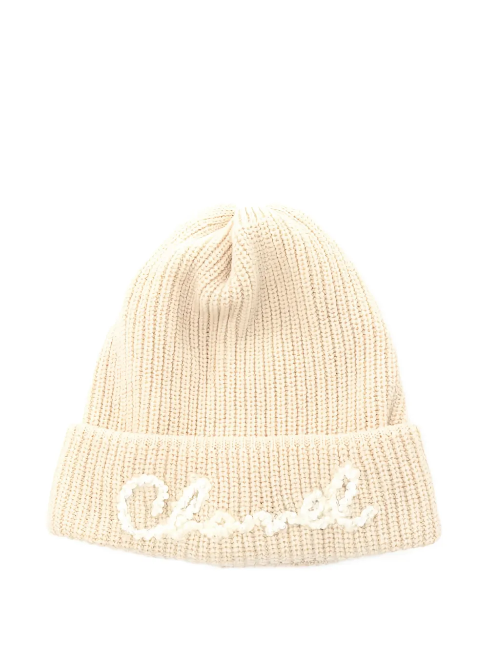CHANEL Pre-owned 1986-1988 Beaded-logo Ribbed-knit Beanie Hat In Neutral