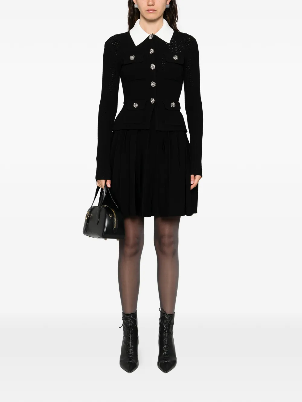 Self-Portrait embellished collared mini dress - Zwart