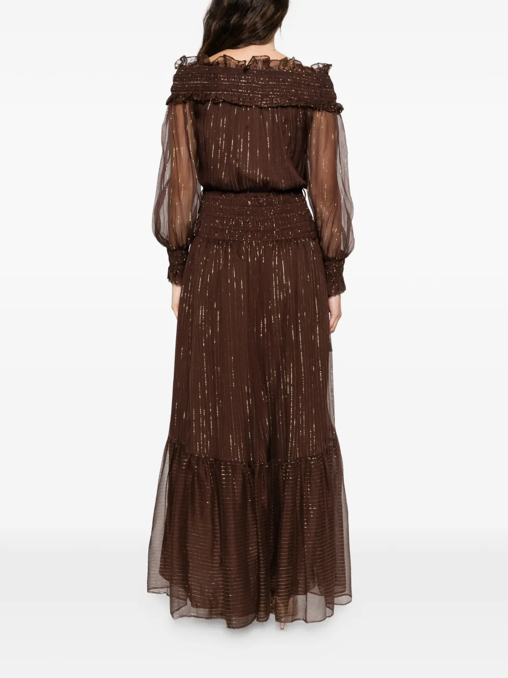 Self-portrait Brown Georgette Off Shoulder Maxi Dresses Brown In Brown