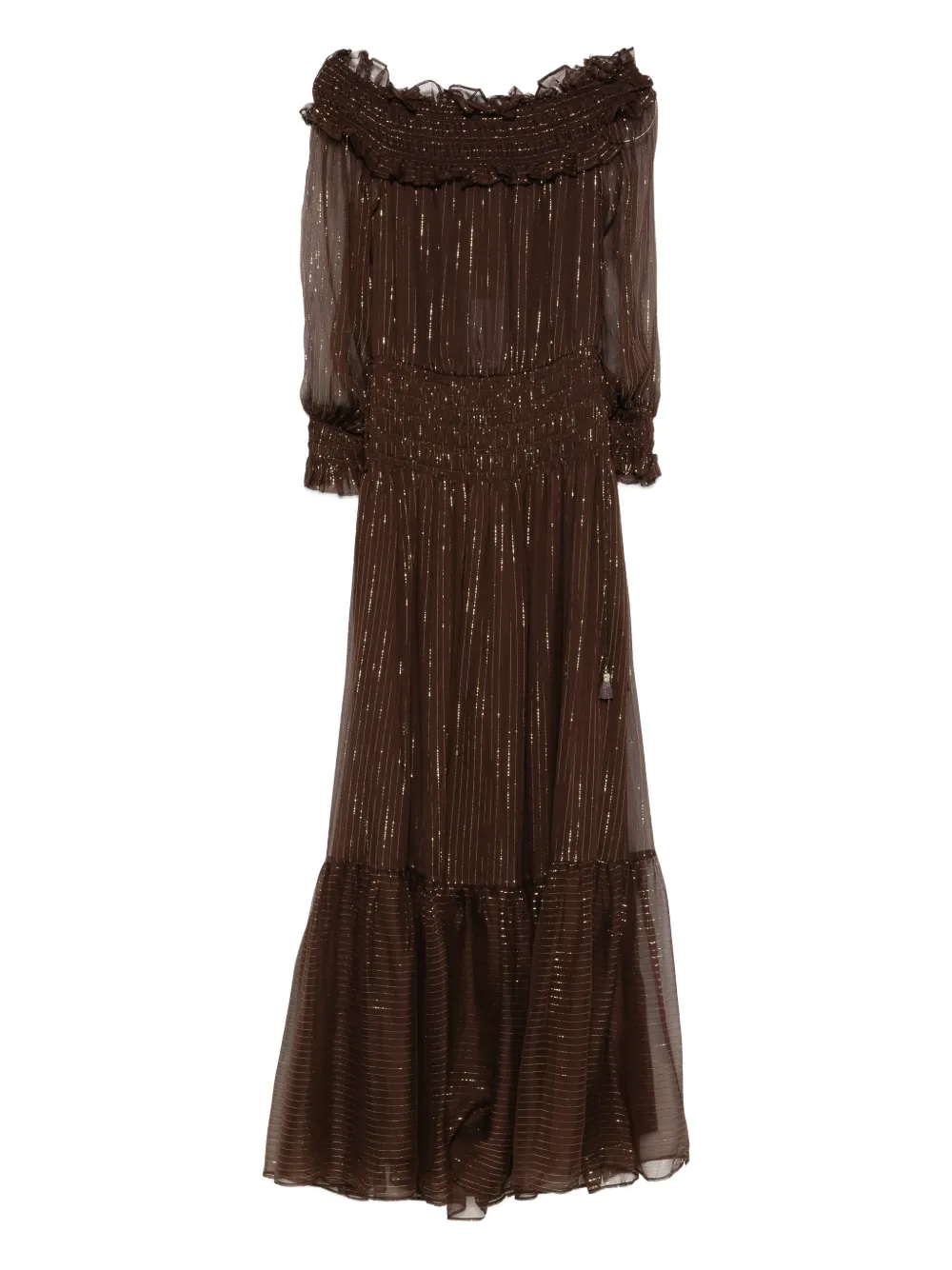Self-portrait Brown Georgette Off Shoulder Maxi Dresses Brown In Brown