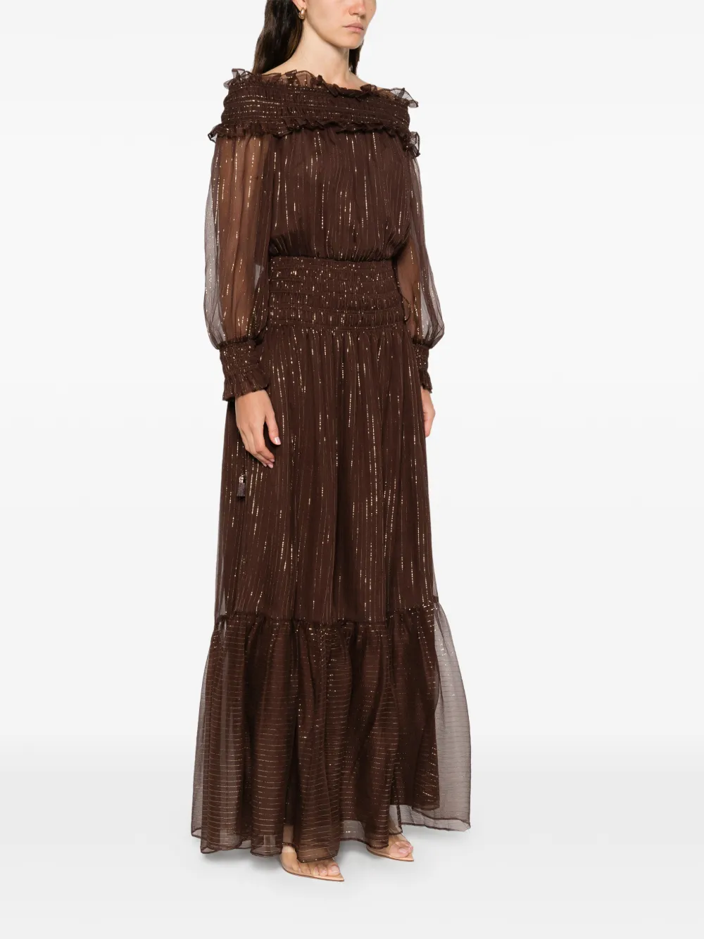 Self-portrait Brown Georgette Off Shoulder Maxi Dresses Brown In Brown