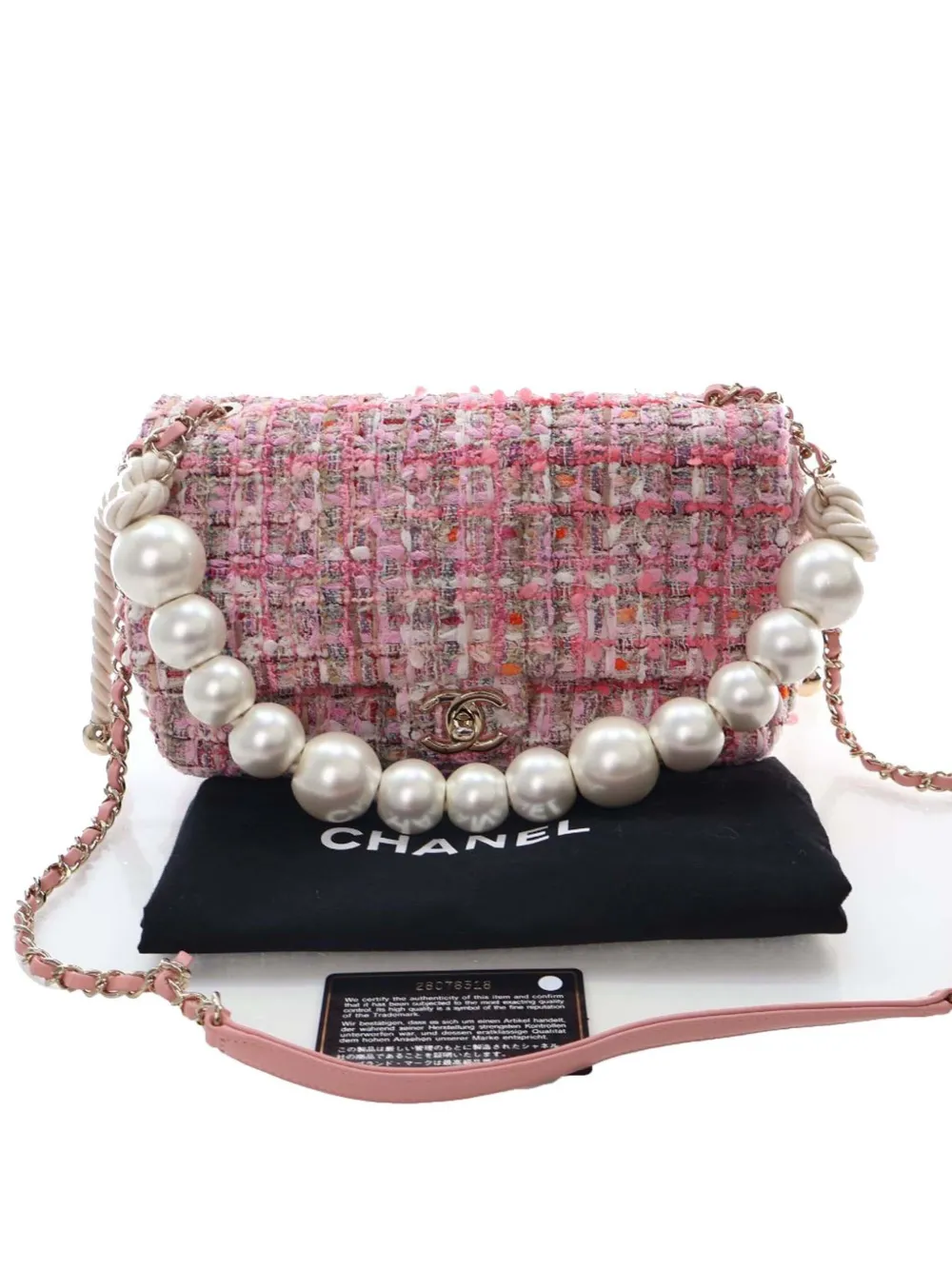 CHANEL Pre-owned 2019 Medium Tweed Large Pearl Handle Flap Satchel In Pink