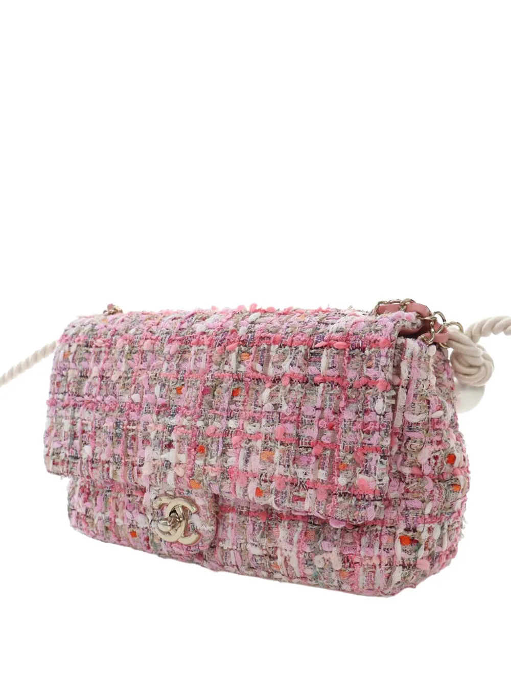 CHANEL Pre-owned 2019 Medium Tweed Large Pearl Handle Flap Satchel In Pink