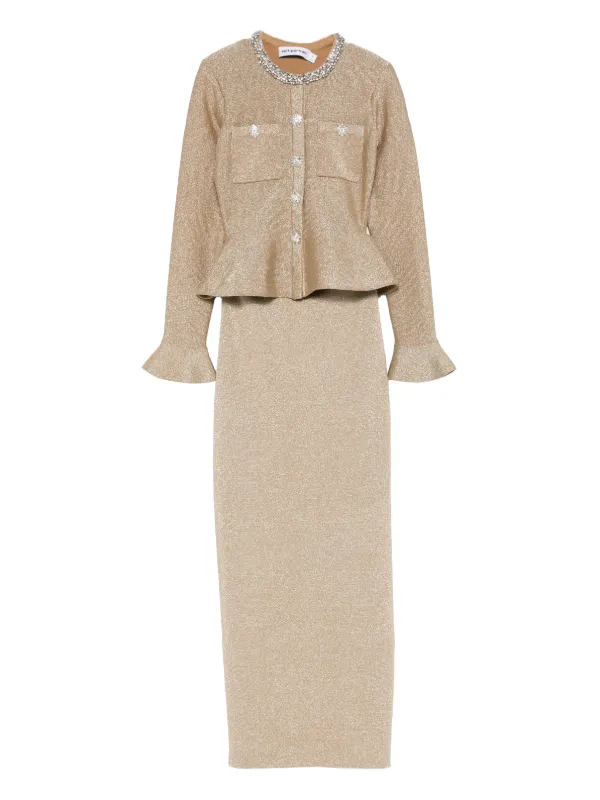 Self-Portrait Crystal Trim Knit Midi Dress | Gold