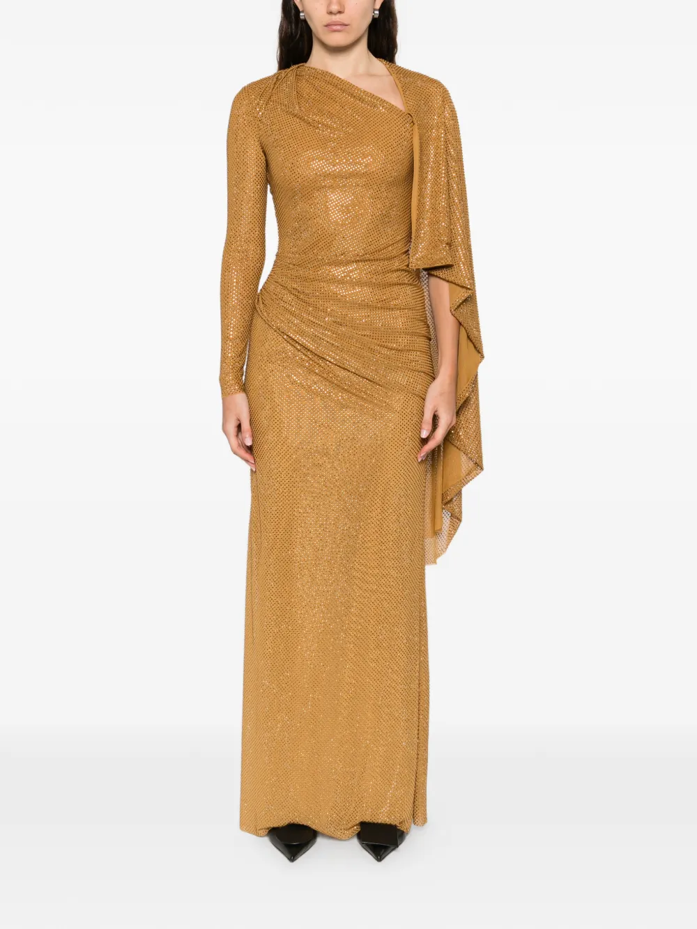 Self-portrait Rhinestoned Draped Maxi Dress In Gold
