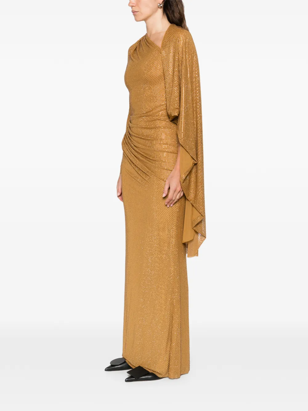 Self-portrait Rhinestoned Draped Maxi Dress In Gold