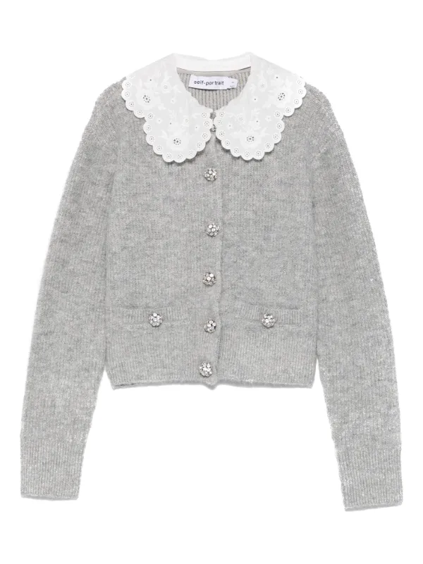Self-Portrait Scalloped-collar Embellished Cardigan in Grey