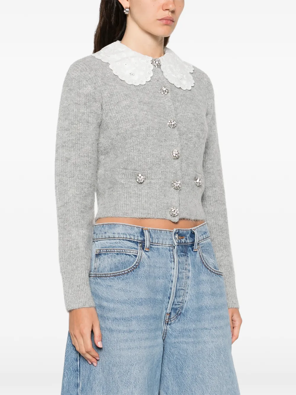  Self-portrait Scalloped-collar Embellished Cardigan - Grey 