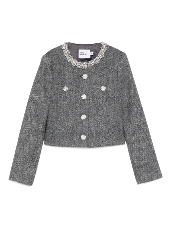 Self-Portrait Herringbone Crystal Trim Jacket in Grey