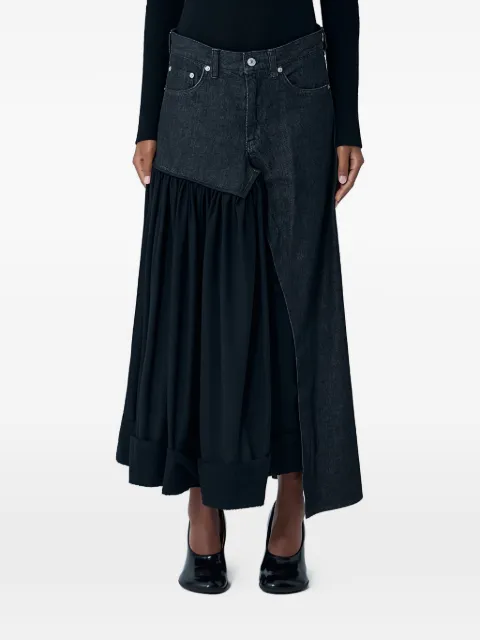 Yohji Yamamoto Denim midi skirt with contrast panels.Mid riseTop-button and zip-fly fasteningBelt loopsFive pocketContrast panels