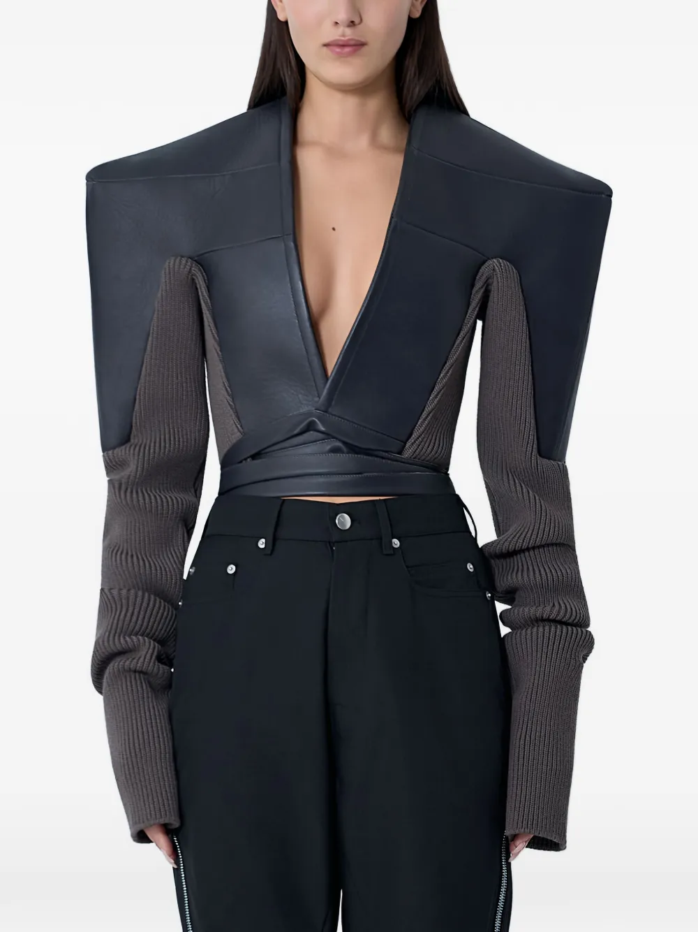 Rick Owens contrast rib leather jacket - Nero