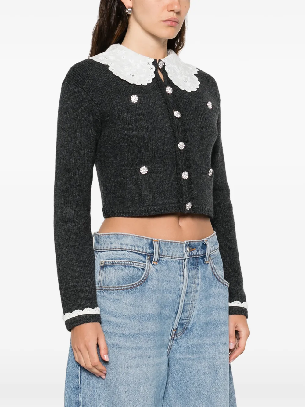  Self-portrait Lace-collar Button Cardigan - Grey 