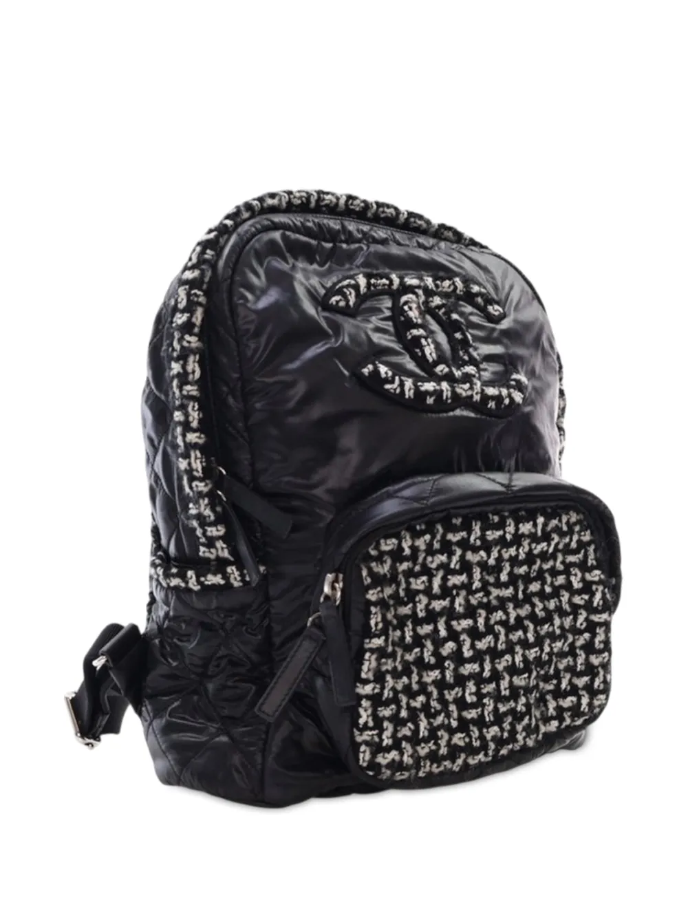 Pre-owned Chanel 2020 Nylon And Tweed Coco Neige Backpack In Black