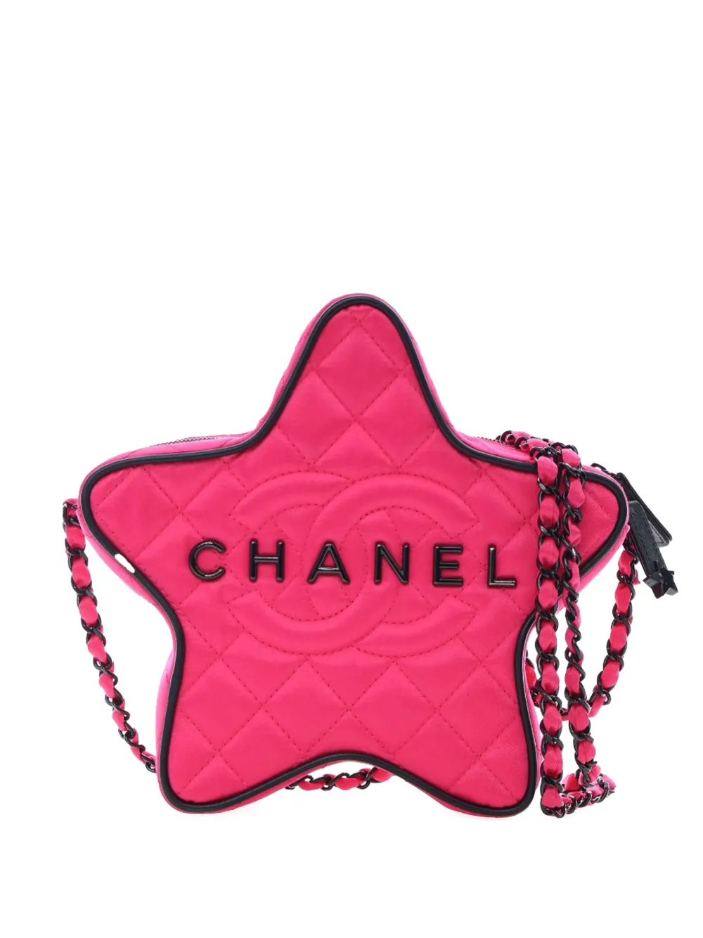 Pre-owned Chanel 2021-2025 Quilted Satin Walk Of Fame Star Crossbody Bag In Pink